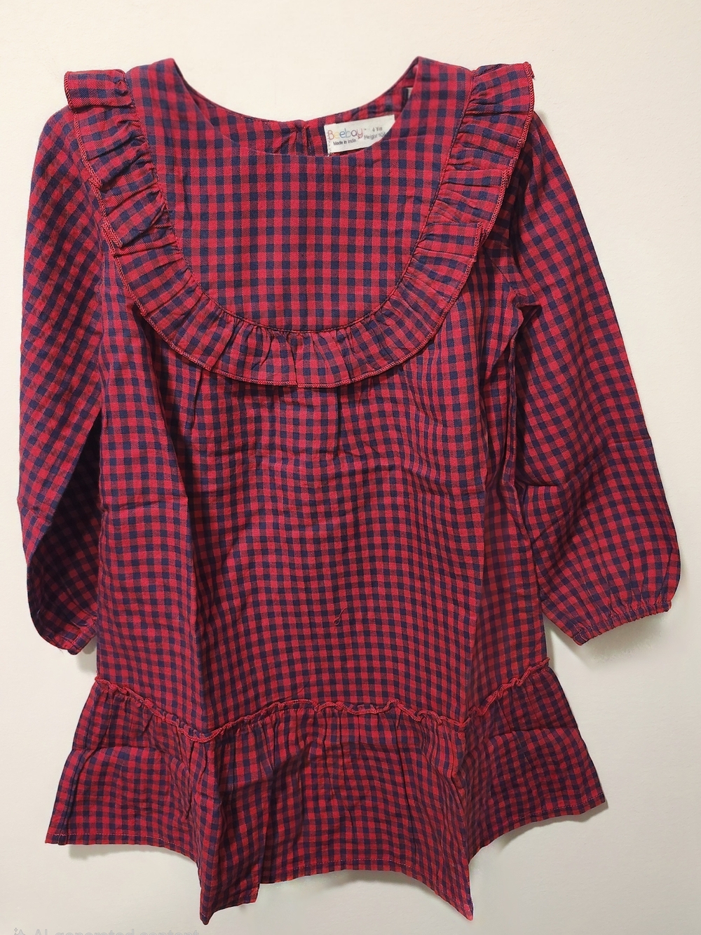 Kids Red & Navy Gingham Ruffle Collar Dress